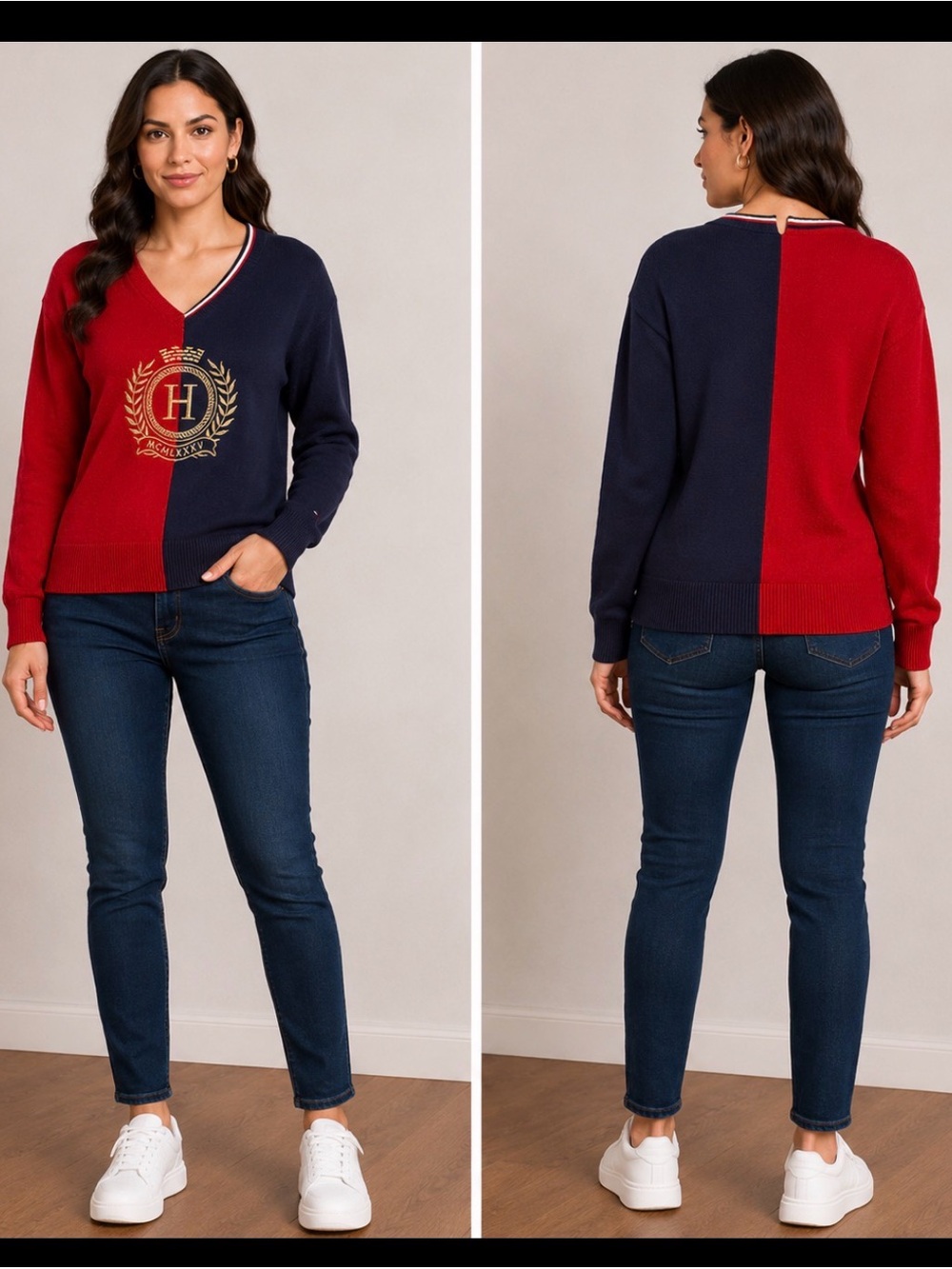 Tommy Hilfiger Two-Tone Red & Navy V-Neck Pullover
